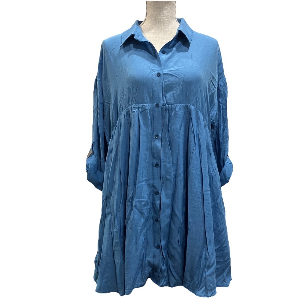 NEW Entro Babydoll Shirt Dress Womens Large Blue Long Sleeve Tiered Button Front